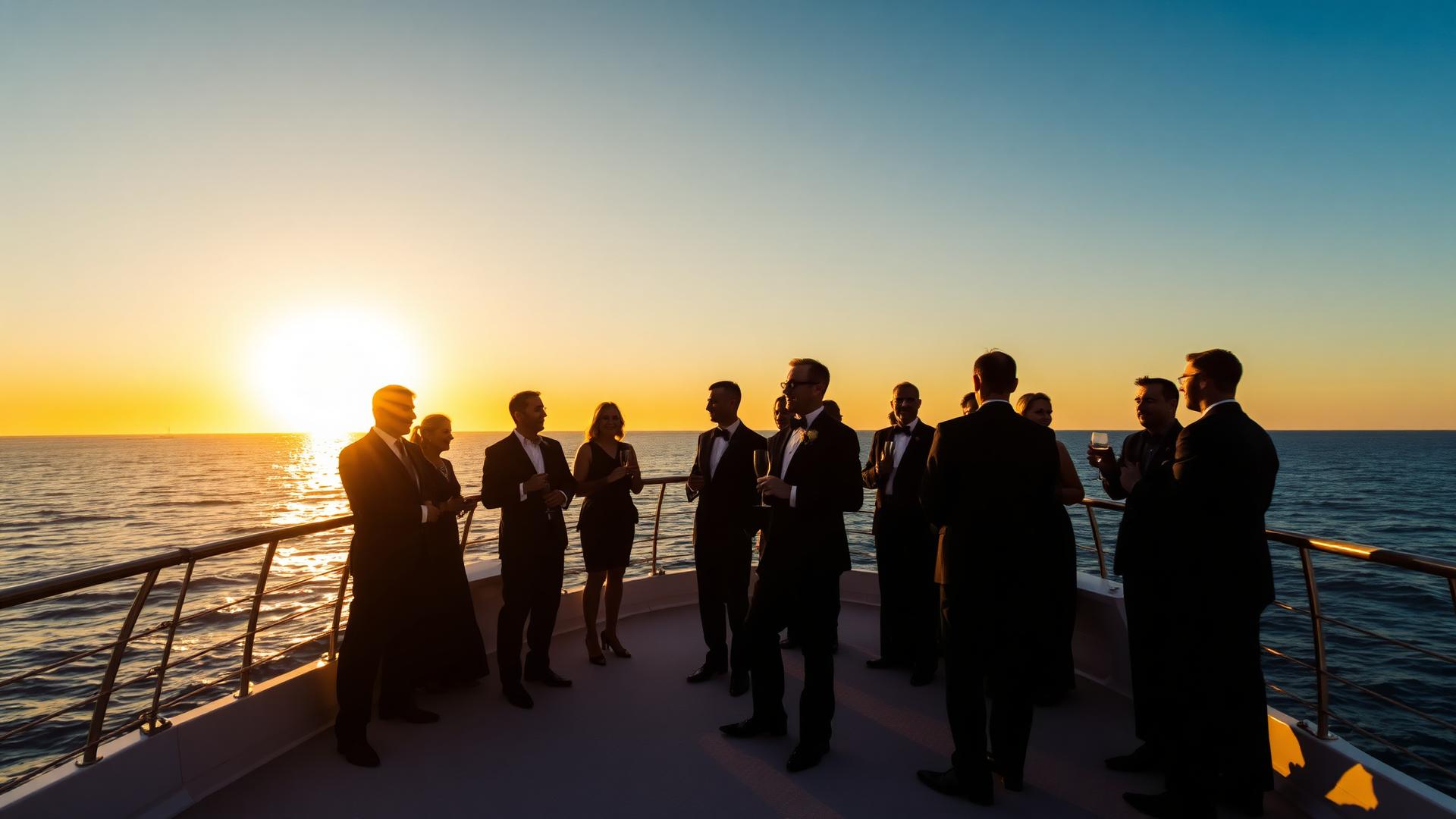Black tie networking on a yacht deck at sunset