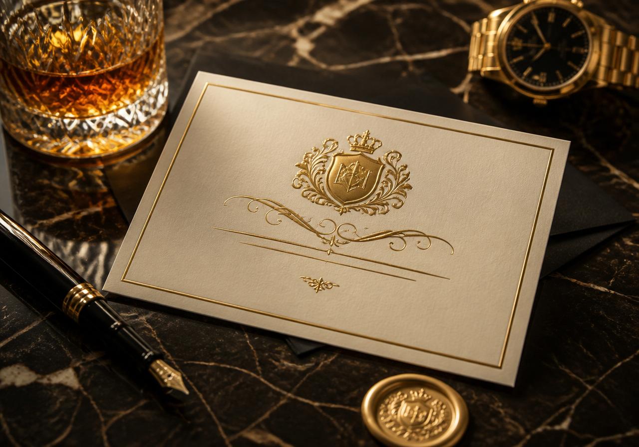 Gold-embossed Verum invitation on black marble with fountain pen and whiskey